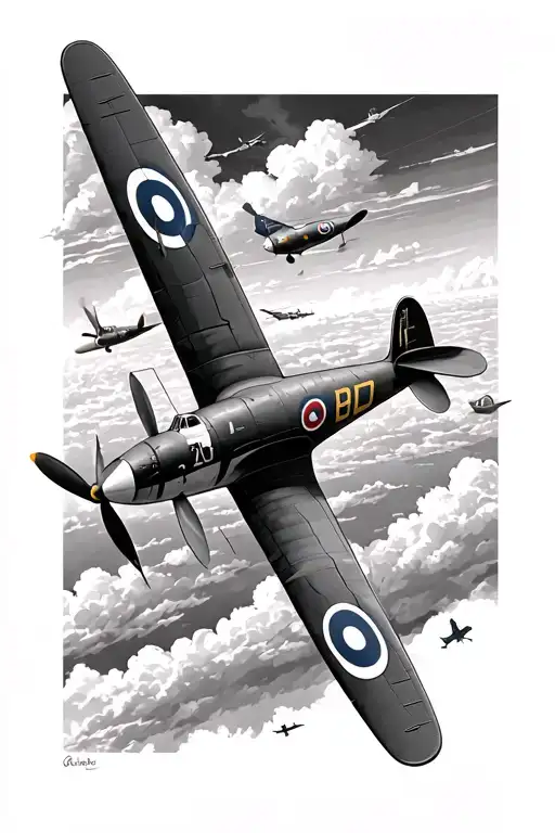 spitfire propeller with the sky and full of other planes tattoo design idea