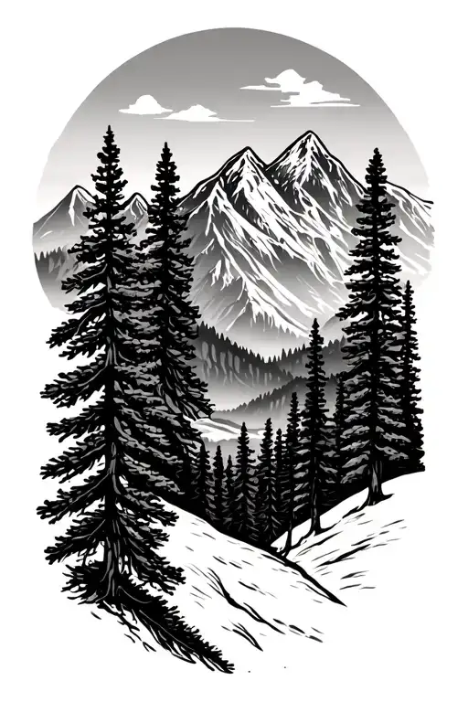 Utah mountains and pine trees sleeve tattoo design idea