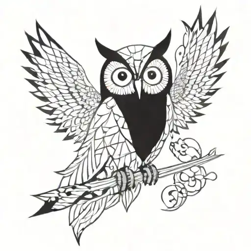 A geometric owl design incorporating musical notes and symbols tattoo design idea
