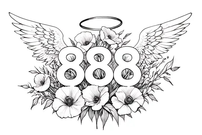 888 angel number with poppies & Gladioli, halo and wings on top of the 888 angel numbers tattoo design idea