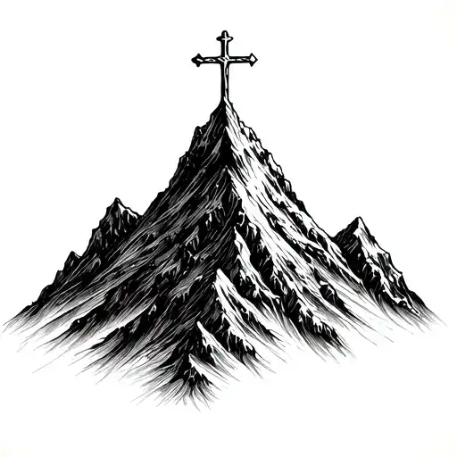 mountain peak with a cross on the tip with light shining tattoo design idea