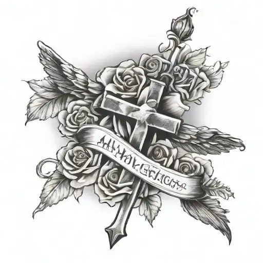 ALL MY VICTORIES BELONG TO GOD AND ALL MY LOSSES ARE MINE ALONE use that quote  add it with a cross with roses & clouds tattoo design idea