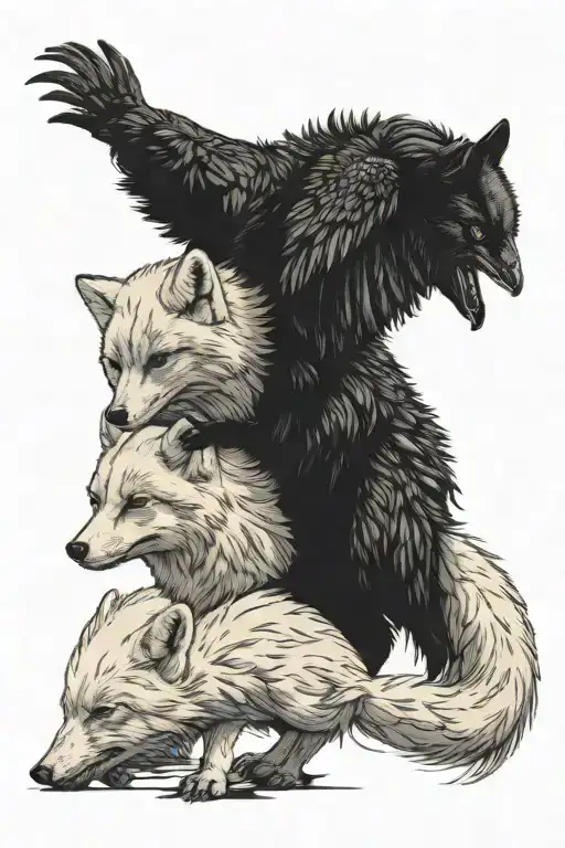 arctic white fox and Black crow fighting each other tattoo design idea