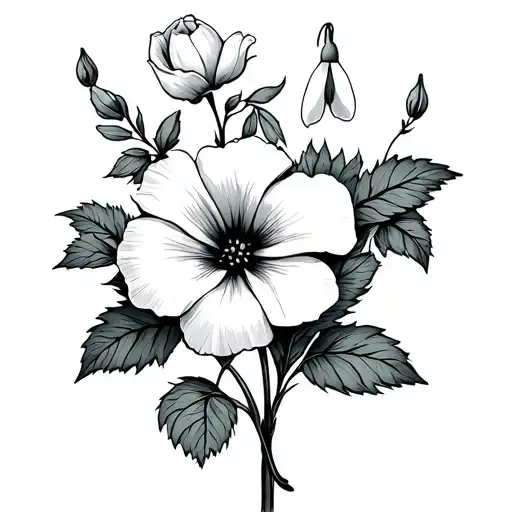 small simple fine line rose, morning glory, and snowdrop carnation tattoo design idea