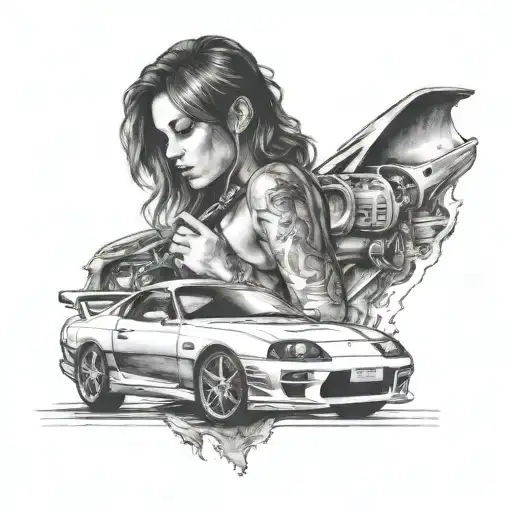 sexy girl, car supra MK4 driving tattoo design idea