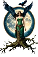 the morrigan Irish goddess with crows an old oak tree growing and bright moonlight tattoo design idea