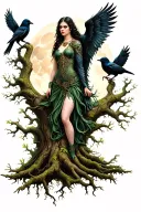 the morrigan Irish goddess with crows an old oak tree growing and bright moonlight tattoo design idea