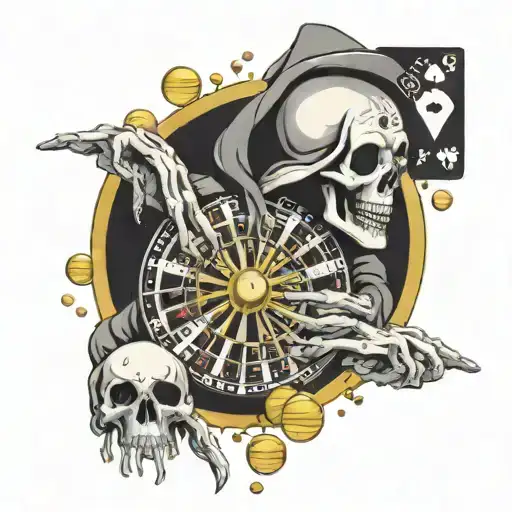 death holding a roulette wheel with playing card symbols. around death its raining gold coins tattoo design idea