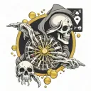 death holding a roulette wheel with playing card symbols. around death its raining gold coins tattoo design idea