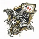 death holding a roulette wheel with playing card symbols. around death its raining gold coins tattoo design idea