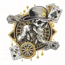death holding a roulette wheel with playing card symbols. around death its raining gold coins tattoo design idea
