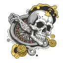 death holding a roulette wheel with playing card symbols. around death its raining gold coins tattoo design idea