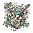 xcaret jungle with animals, vines, brush and trees with acoustic guitar as trunk tattoo design idea