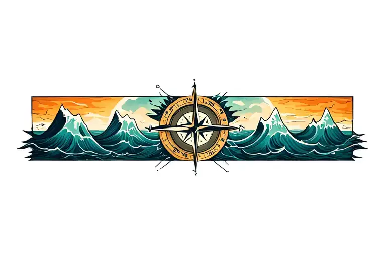 compass with band made of mountains and crashing waves tattoo design idea