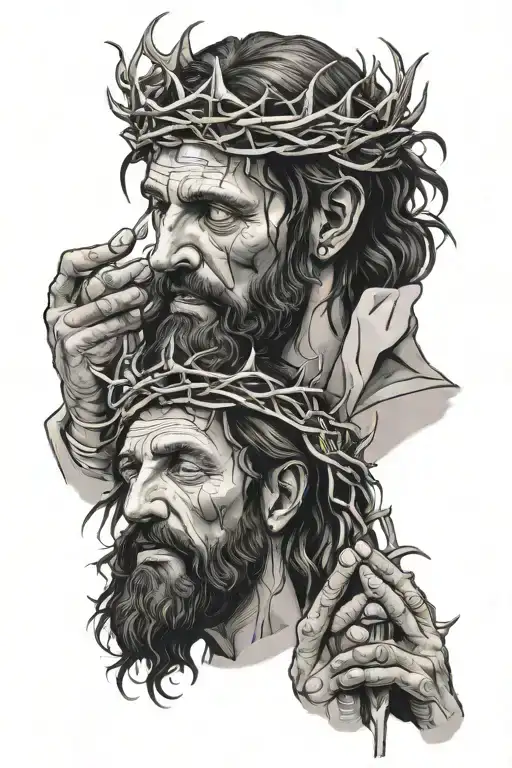 Jesus with a crown of thorns and a man praying then hear no see no speak no evil images tattoo design idea