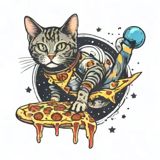space cat pizza tattoo design idea