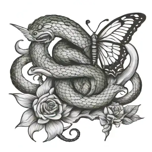 snake with butterflies and sword tattoo design idea