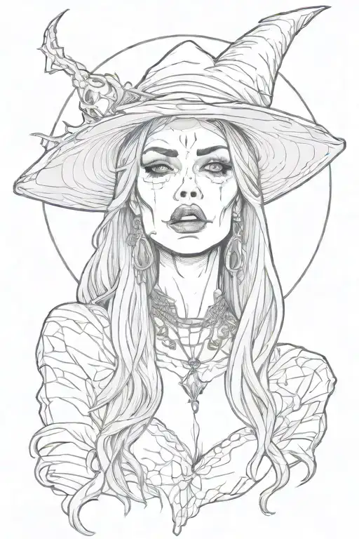 evil witch with fangs on her teeth face only lookingipward towards the moon  tattoo design idea