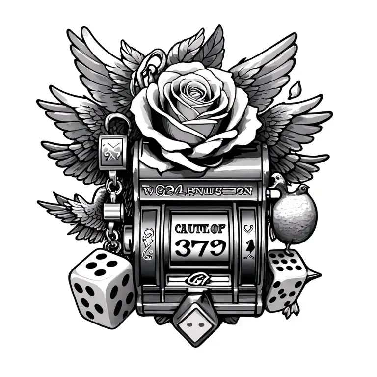 Wrist charm bracelet tattoo with a rose, slot machine, pair of dice, an angel, and bird tattoo design idea