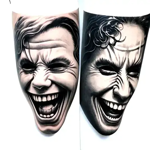 laugh now cry later masks tattoo design idea
