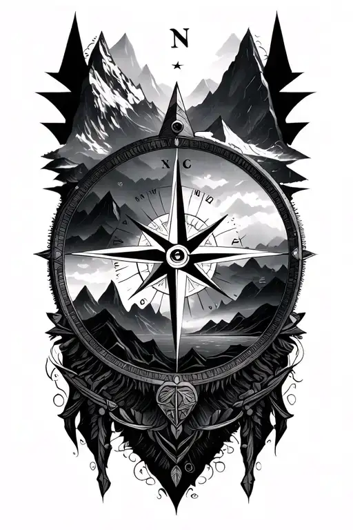 compass rose with intricate geometric mountains tattoo design idea