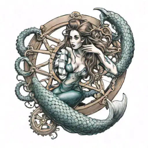 MERMAID HOLDING ONTO SHIPS WHEEL WITH AN OCTOPUS WRAPPING ITS TENTACLES AROUND tattoo design idea