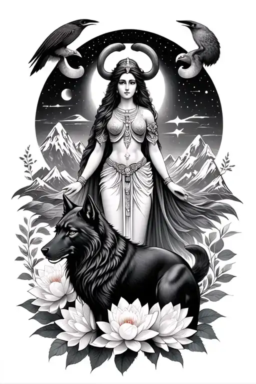 Aries Goddess Surrounded By Poeny And Lotus Flowers With A Black Wolf and hawk And Mountains Range and mars stars insky  tattoo design idea