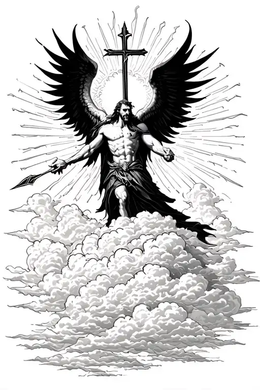 on top of satan, putting his cross shaped spear into him. his wings fade into the clouds and behind him are rays of suns tattoo design idea