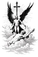 on top of satan, putting his cross shaped spear into him. his wings fade into the clouds and behind him are rays of suns tattoo design idea