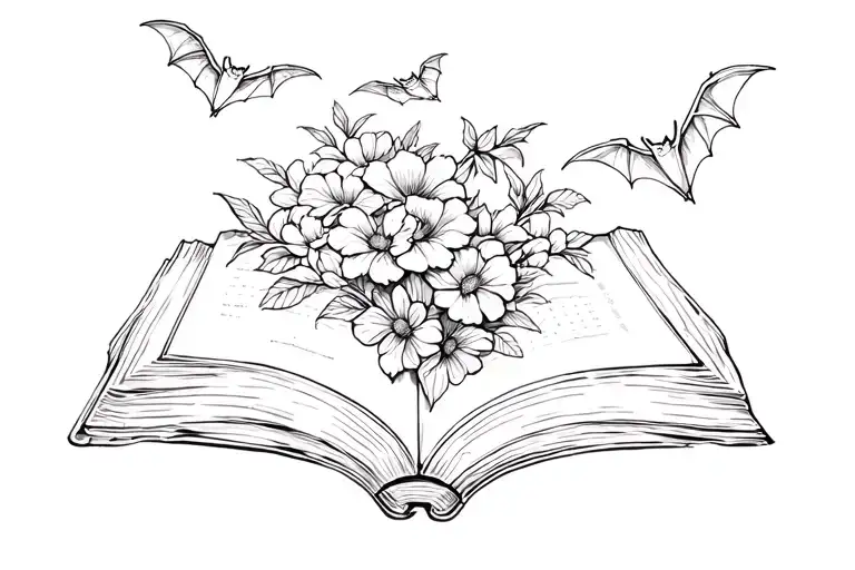 books,flowers bats flying overhead tattoo design idea