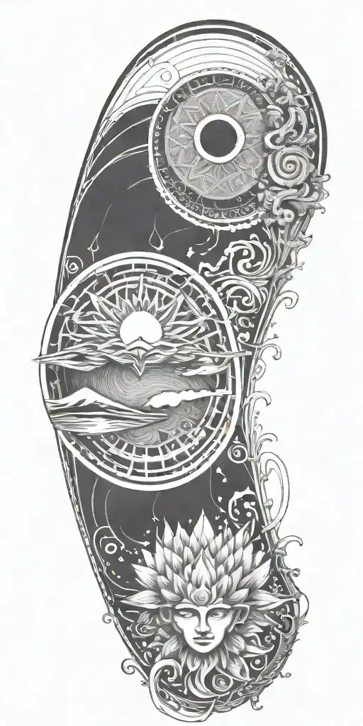 Blend Buddhist mandala, fine-line wood grain, anime elements, and subtle gaming symbols into a cohesive flowing water tattoo design idea