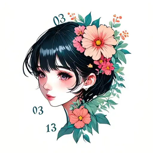 Face of a woman seen on the side, flowers and numbers 03, 13 and 16 tattoo design idea