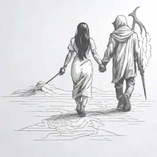 a girl comforting a reaper demon creature walking together tattoo design idea