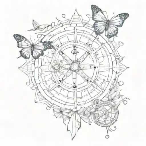 a half of a sailor wheel with the eternal sunshine with butterflies on the end of the zigagged  tattoo design idea