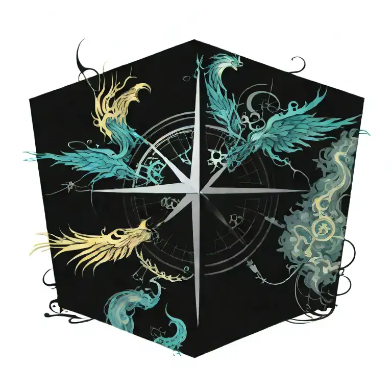 ship, compass, phoenix rising tattoo design idea