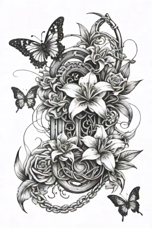 horseshoes, barbed wire, lily flowers, butterflies tattoo design idea