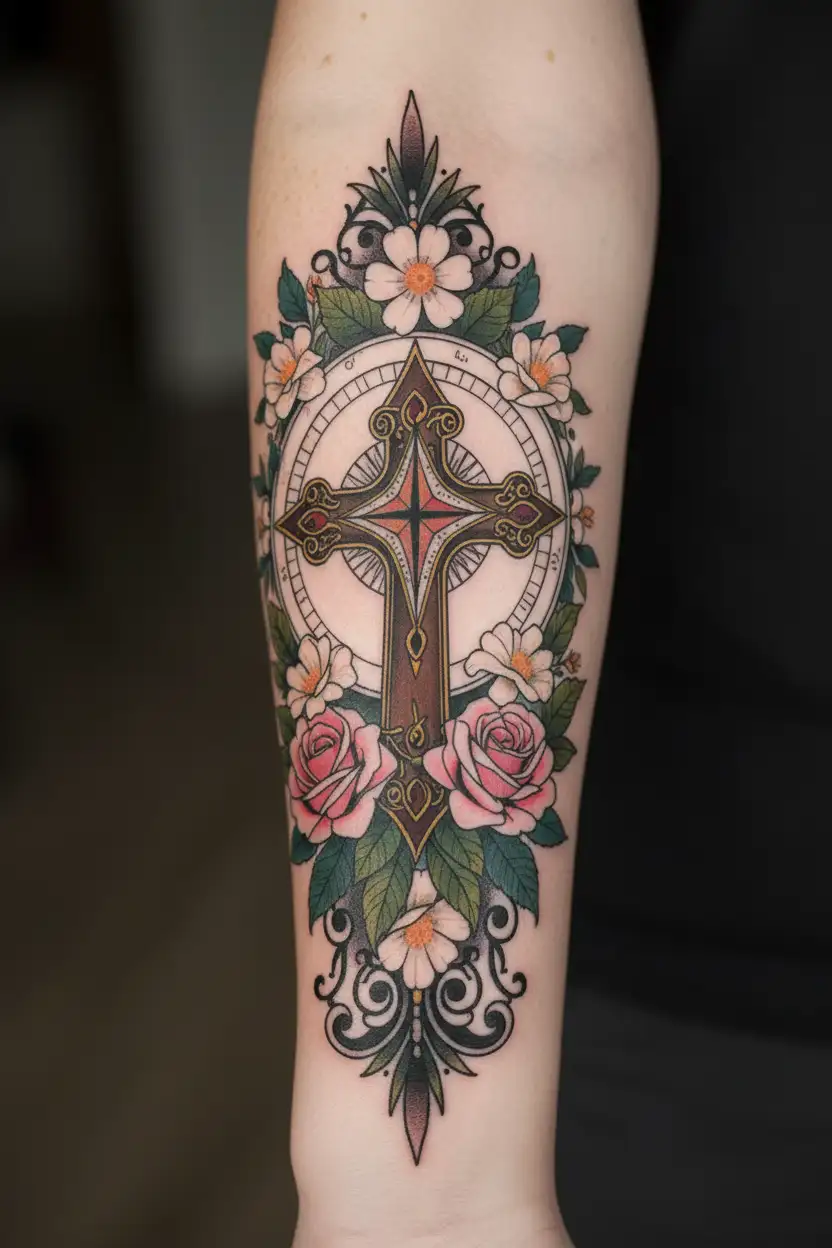 Cross with compass heart roses jasmine flowers surrounding tattoo design idea