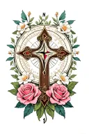 Cross with compass heart roses jasmine flowers surrounding tattoo design idea
