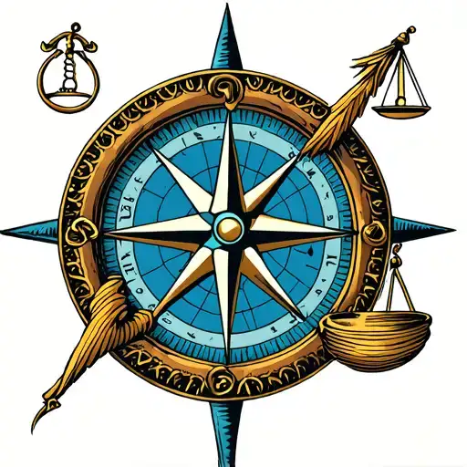 compass rose intertwined with libra scales and zodiac sign tattoo design idea