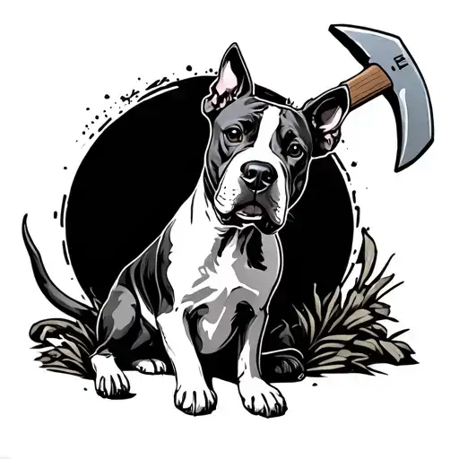 ice axe and bull terrier dog sitting tattoo design idea