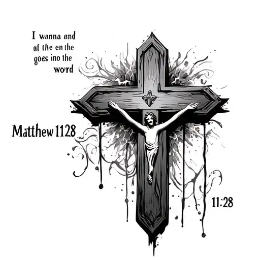 I wanna cross at the end of the cross goes into the word Matthew 11:28 tattoo design idea