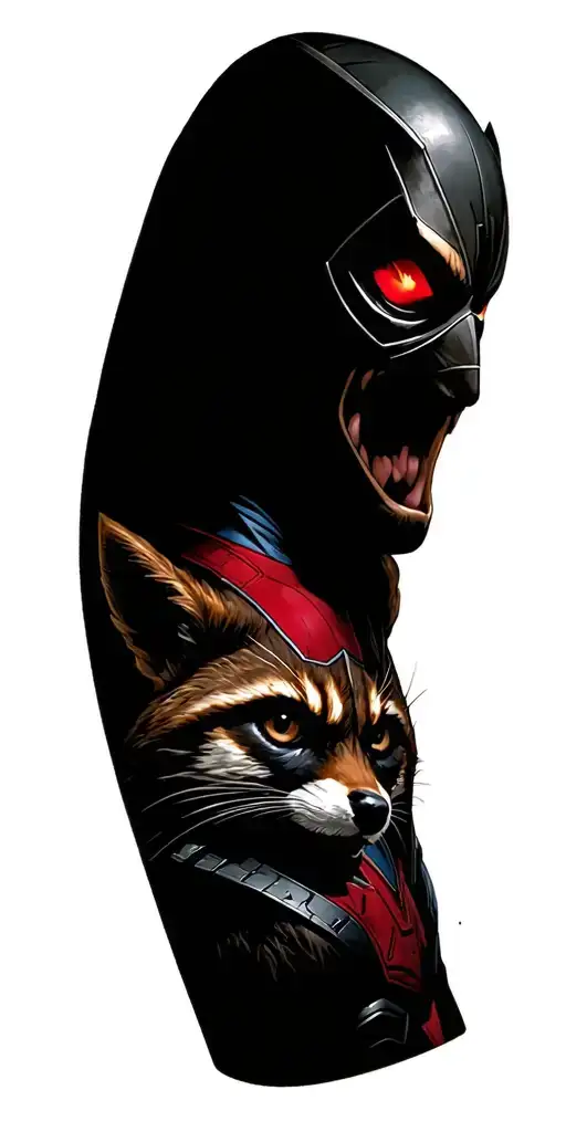 marvel photo realism style tattoo: include daredevil, black banthwer, modern deadpoll, thor, groot, rocket racoon tattoo design idea
