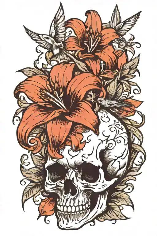 skull,lilies, bird tattoo design idea