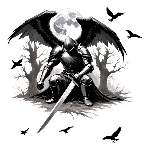 A knight with wings and a sword on one knee lowered his head behind the canopy of trees, the moon is full and crows are  tattoo design idea