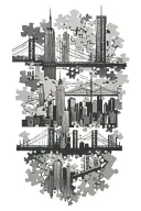 nyc skyline, puzzle pieces forming musical notes tattoo design idea