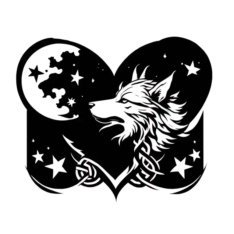 "T" eltic heart knot entwined wolf howling at a moon, surrounded by three stars for children, six smaller stars for grandchi tattoo design idea
