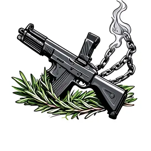 ak 47 with rosemary chain wrapped around it with smoke coming out the barrel  tattoo design idea