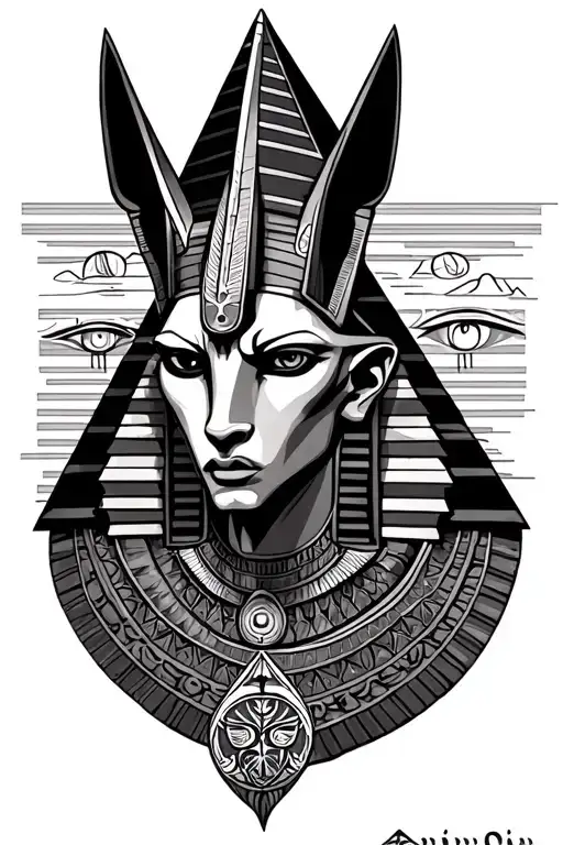 Anubis with sands of time, pyramids and eye of horus tattoo design idea