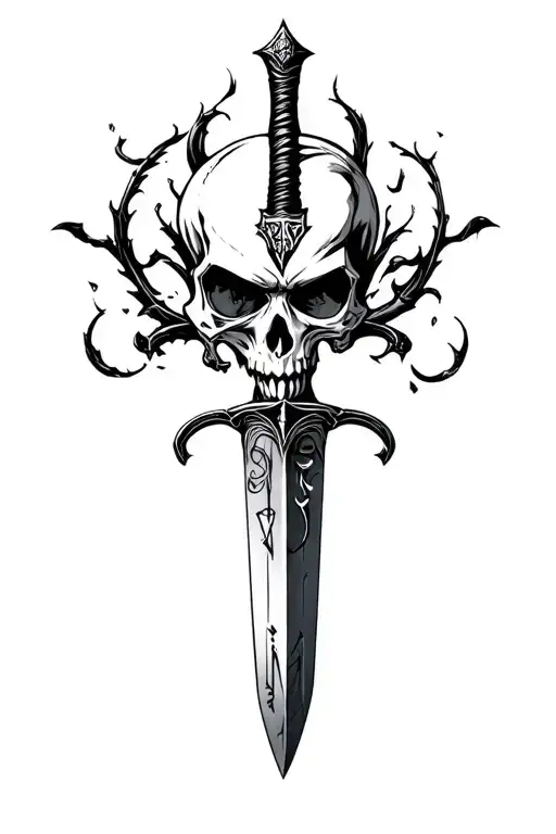 Sharp long dagger with runes shaded skull head tattoo design idea