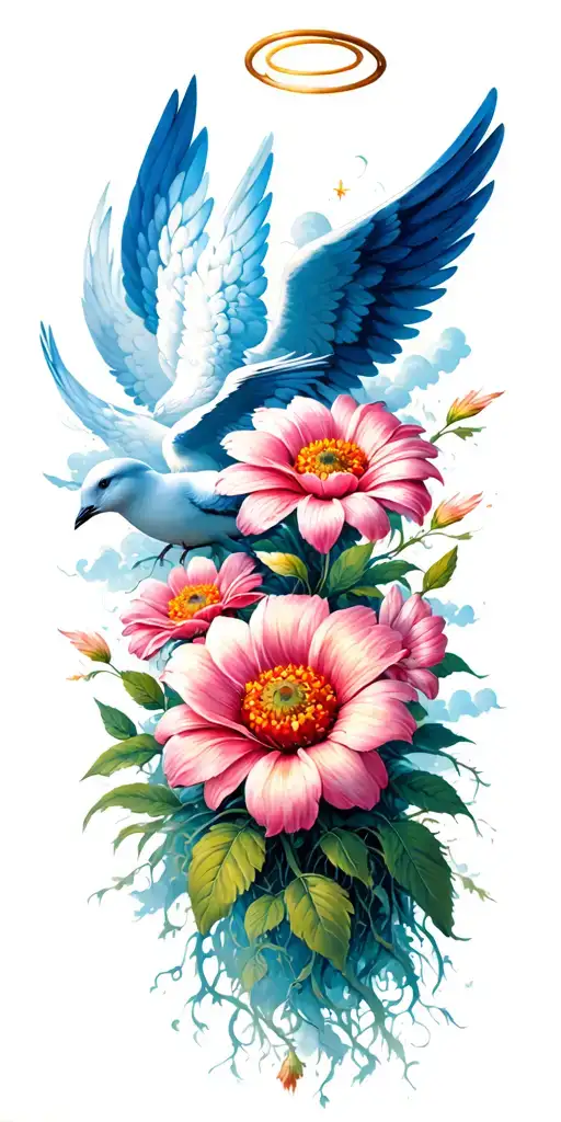 Bahn turning into roots then roots into 3 flowers then clouds with birds then angel wings with a halo then heaven tattoo design idea